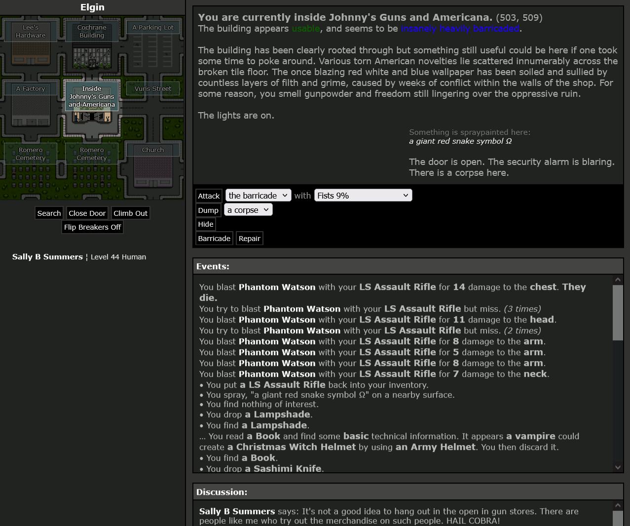 #16: Phantom Watson - United Groups of Humanity - Sally B Summers says: "It's not a good idea to hang out in the open in gun stores. There are people like me who try out the merchandise on such people. HAIL COBRA!" - Killed by LS Assault Rifle - 01/05/2025