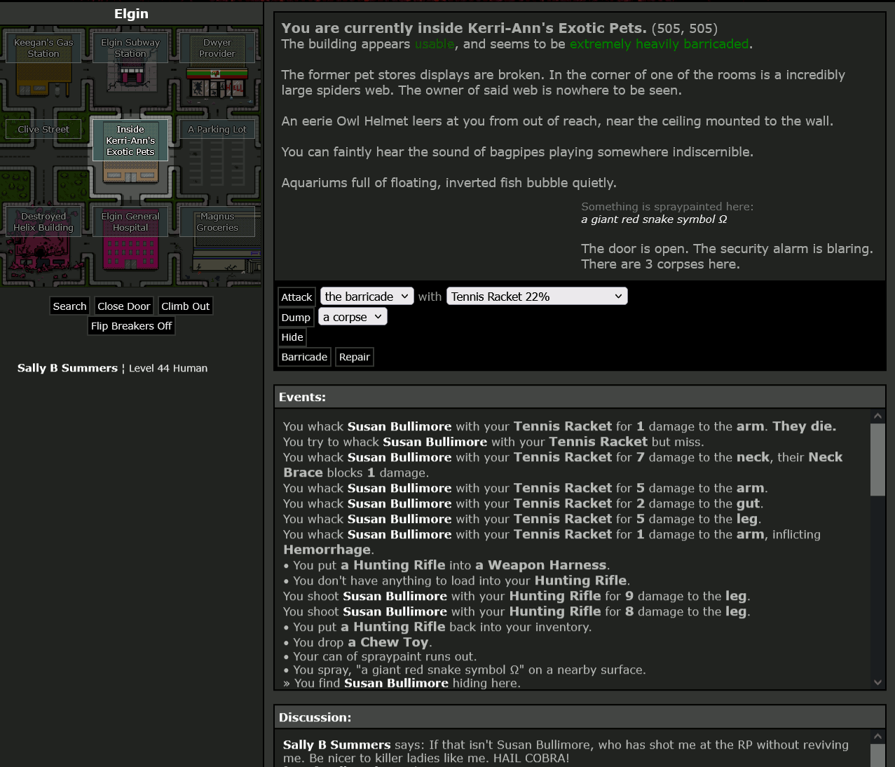 #14: Susan Bullimore - Fort Barnes Defense Force - Sally B Summers says: "If that isn't Susan Bullimore, who has shot me at the RP without reviving me. Be nicer to killer ladies like me. HAIL COBRA!" - Killed by Tennis Racket - 30/04/2025