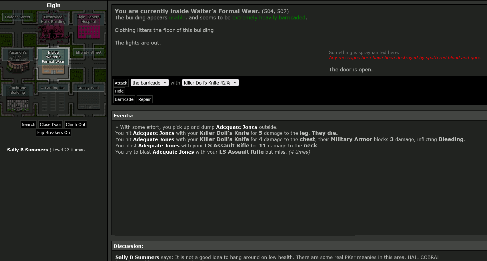 #4: Adequate Jones - Fort Barnes Defense Force - Sally B Summers says: "It is not a good idea to hang around on low health. There are some real PKer meanies in this area. HAIL COBRA!" - Killed by Killer Doll's Knife - 03/04/2025