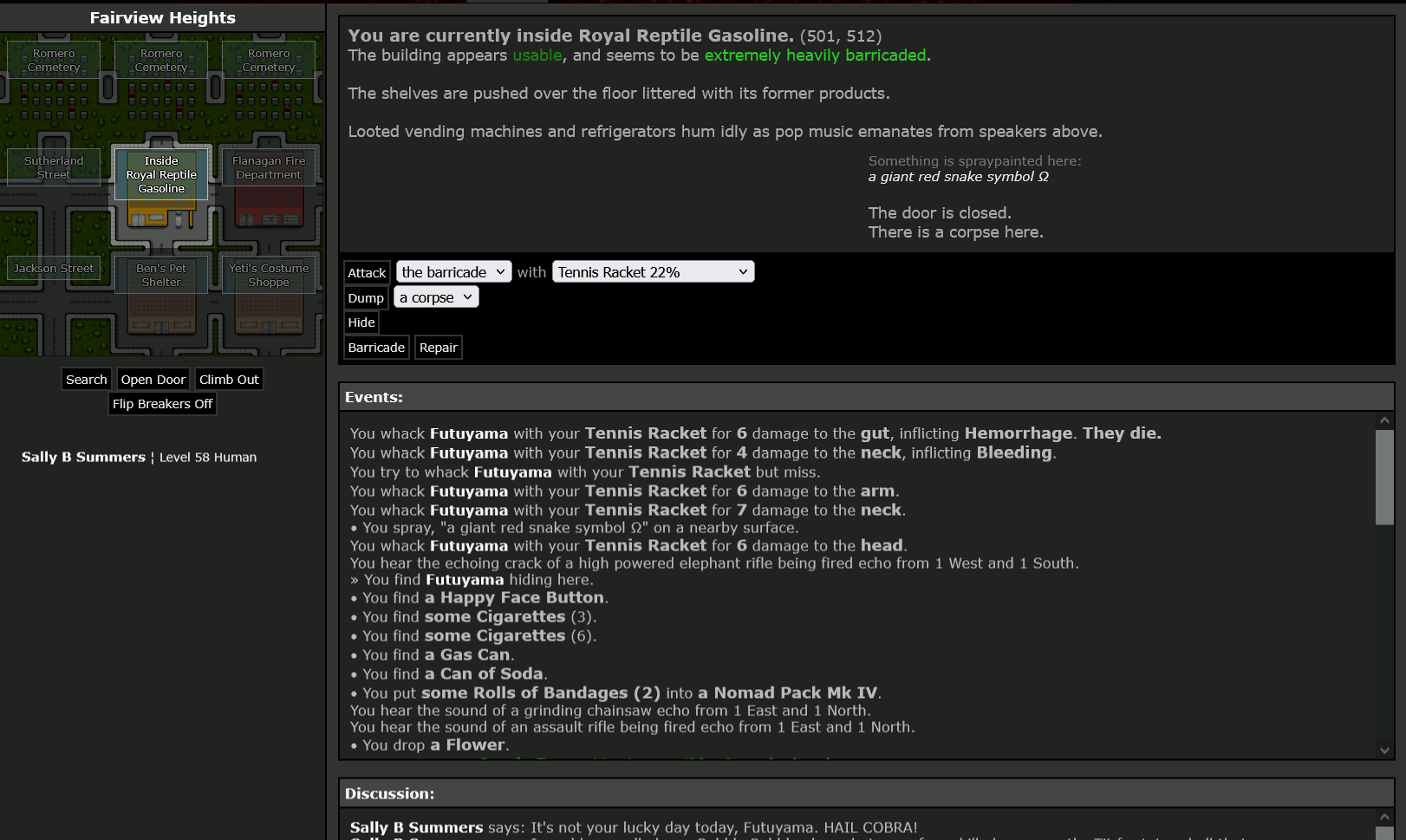#18: Futuyama - Fort Barnes Defense Force - Sally B Summers says: "It's not your lucky day today, Futuyama. HAIL COBRA!" - Killed by Tennis Racket - 28/05/2025